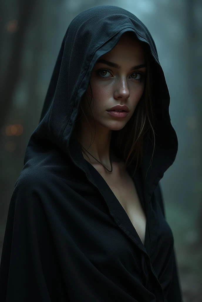 ((masterpiece, Fantasy,Only the left eye is closed,Black paint on eyelids and cheeks, Beautiful girl, Black hooded heavy robe, Wizard)), Brown hair with wavy ends,short hair,Pale skin,Heavy Robe,assassin, Robe over grey clothes, forest, Small River, fog,Thin lips,Looking down, dark, night, I want you to wear clothes