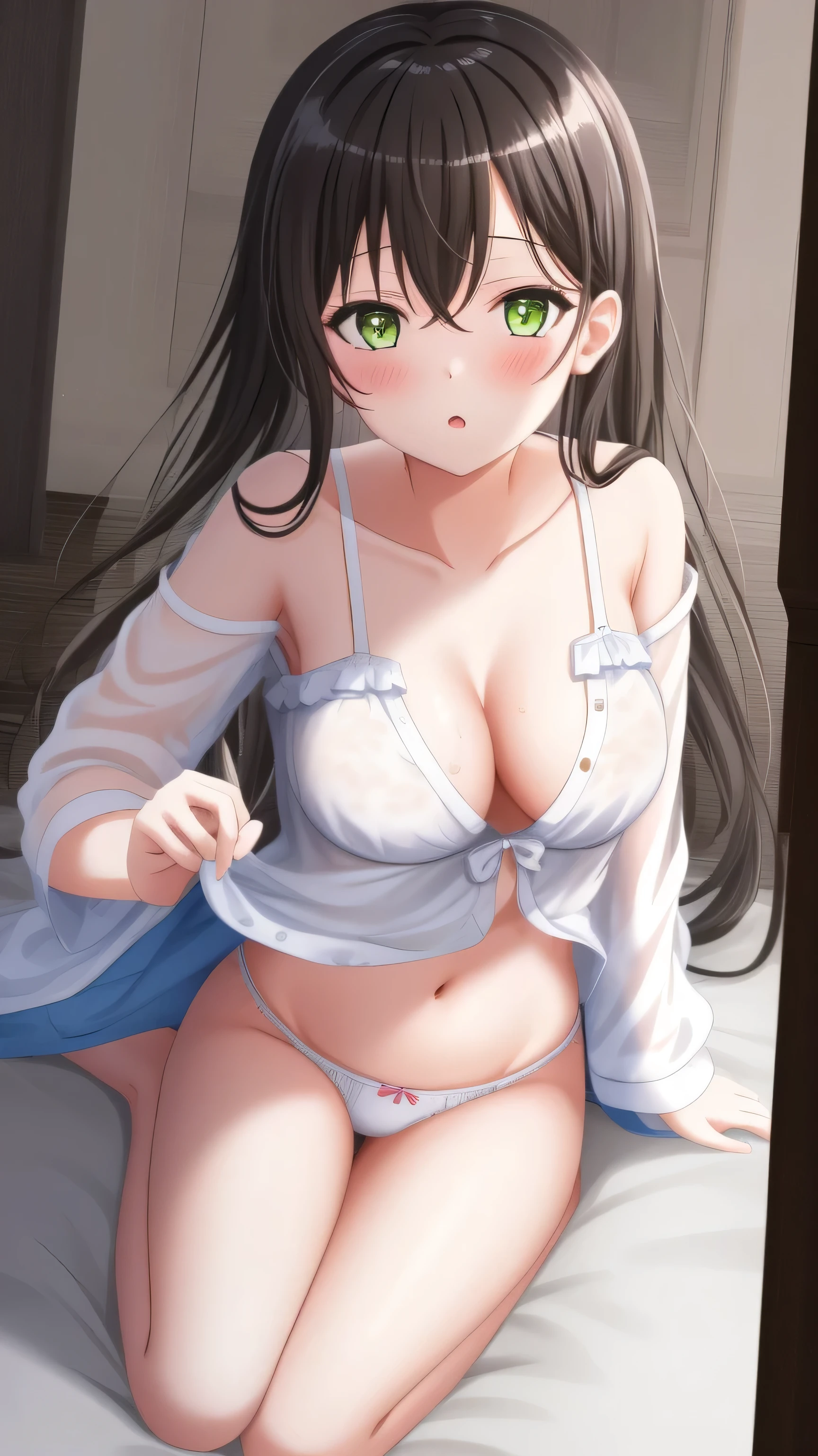 1 Girl, masterpiece，underwear, blackhair, thigh, black_,exist your stomach，Green eyes， long_hair, breast,  White Pajamas，Transparent Pajamas，Open pajamas，Bare belly，exist_Back, In the bedroom, Rear, bangs, Lysis, blush,Lying on exist bed，White，Panties，White，Full Body Love， clavicle，Leg ring，Hairpin，breast，nipple，