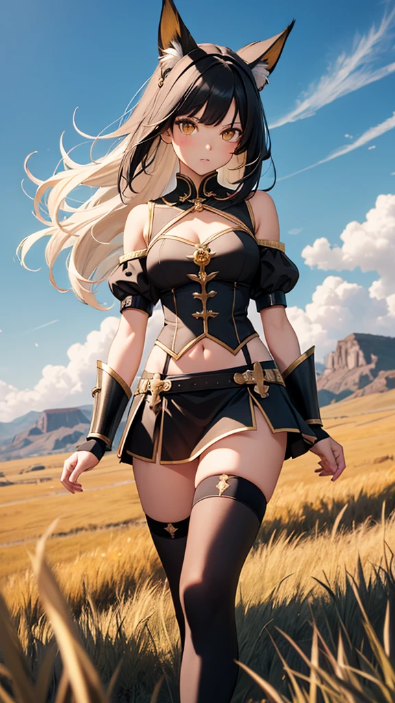 Only one person is depicted,Image from the knees up masterpiece, Best Quality, Black hair blowing in the wind, Hair length down to chest,Hairstyle: Hime cut, Cat ears, Golden Eyes, A dignified expression, A female warrior wearing black and gold armor, The chest size is medium, Black thigh-high socks,  Windy grassland, midriff peek, Black Mini Skirt