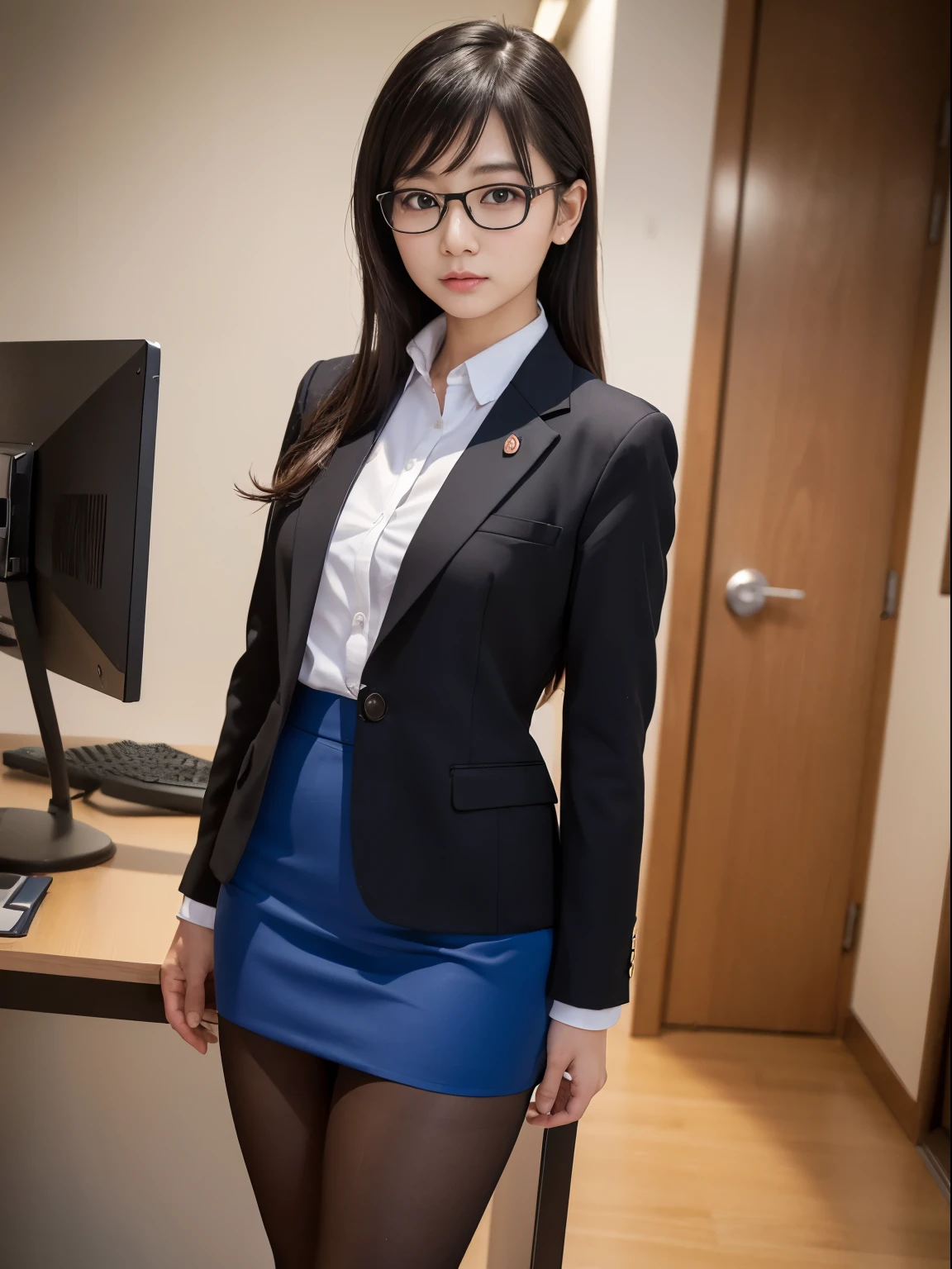 alone、solo、OL in her 20s in office uniform posing for a photo、victory、Tsundere、Single knot、OL、suit、blue mini skirt、anger、small、Glasses、slim girl model photo、physical:the smallest middle-aged man in history、female model、Japanese female fashion model、(8k、RAW photo、highest quality、masterpiece:1.2)、(real、photorealistic:1.37)、Super detailed、Ultra high definition、office Street、 standing position、whole body、((((SEXY)))