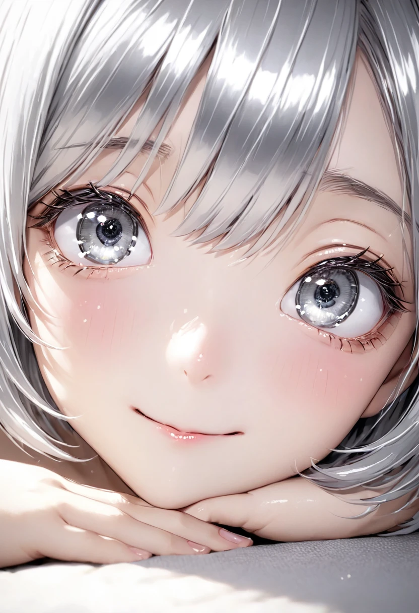 masterpiece, perfect quality, ambient lights, hard-edged, cute, full body detailed, 32K, high detail, perfect lighting, perfect anatomy, soft light, BREAK ((shiny silver hair)), bob cut, bang between eyes, beautiful hair), (glossy silver eyes:1.5), (beautiful eyes, twinkle eyes, large eyes), BREAK (athlete body large breasts), cute face, beautiful face, beautiful, good anatomy, long eyelashes, expressive eyes, Perfect Hands, the girl has five fingers on each hand, smooth skin, BREAK (toweling made of white fluffy cotton:1.3), ((sleeveless, strapless):1.3), (wrap a plain white color towel over naked body:1.6), (sheath line:1.3), (wrapped soft thick white towel with fluffy trim:1.4), ((bare shoulders, bear arms, knees):1.3), (barefoot:1.3), BREAK Living room, sitting on the sofa,  embarrassed, smile, 