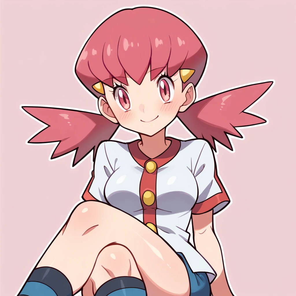 score_9, score_8_up, score_7_up, defwhitney, whitney \(pokemon\), 1girl, arm support, blush, smile, breasts, buttons, crossed legs, eyelashes, hair ornament, hairclip, jacket, long hair, pink eyes, pink hair, short shorts, short sleeves, shorts, sitting, socks, solo, striped clothes, striped socks, twintails, white jacket, tick thighs, shiny skin, pink background