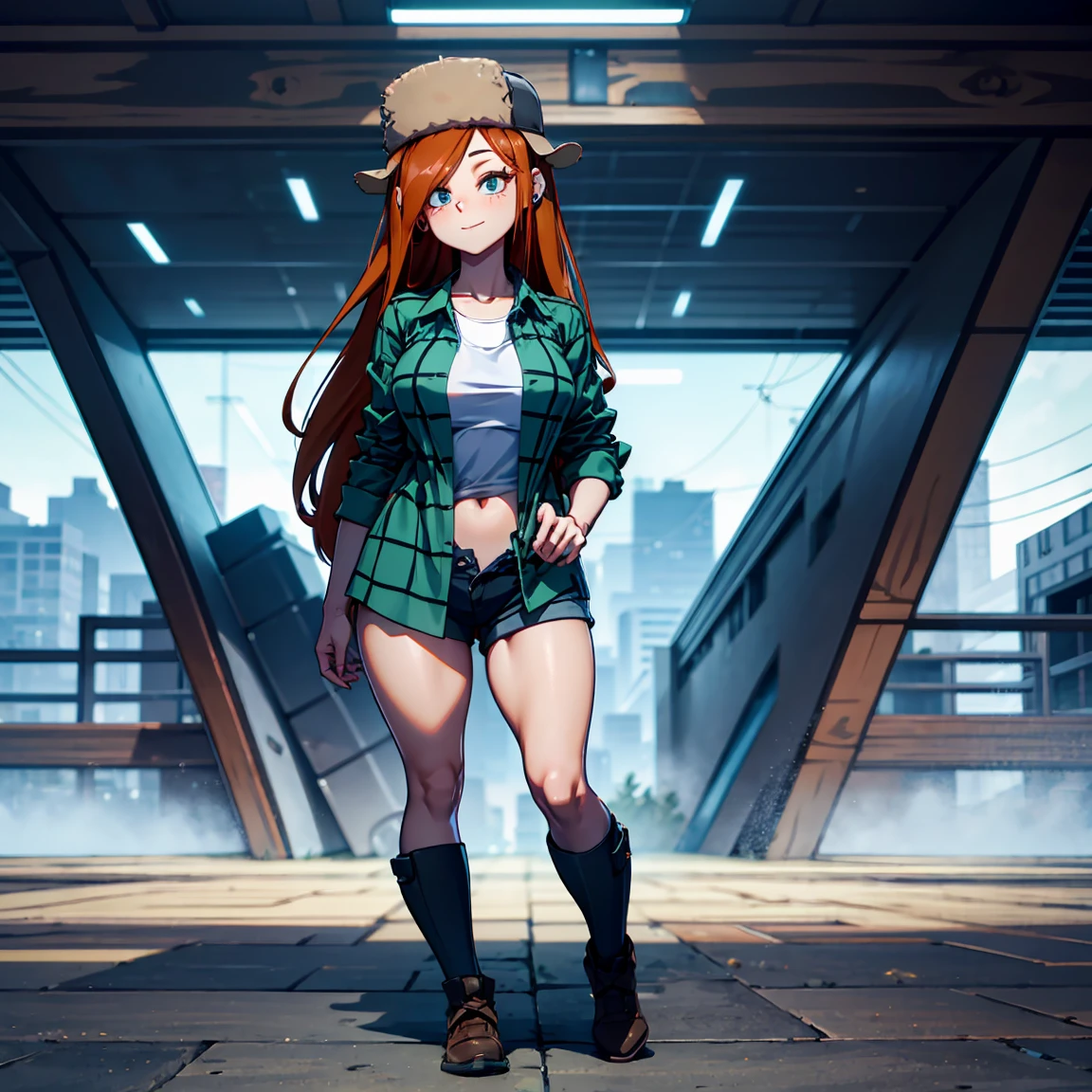 A Wendy Corduroy, wearing a large, thigh-length plaid shirt and short shorts,she is looking at the viewer, whole body visible,She has some parts of her body robotic.