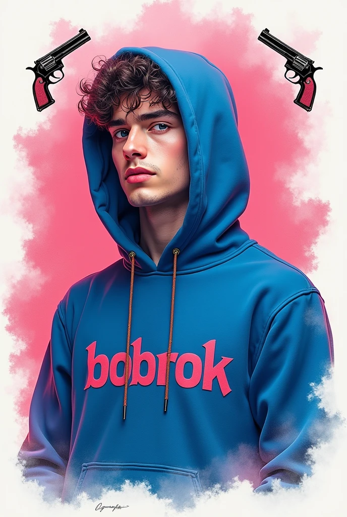 hyper realistic 3D ink art, clean faced young man, blue hoodie "BOBROK" font gothic, dynamic pose, very colorful, in square frame small light black guns and roses, pink misty white background, detailed, clean, HD, photography