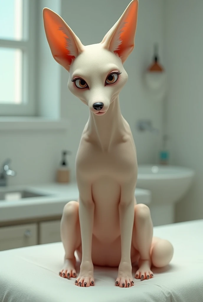 one girl, fox ears, , pure, cute naked, topless, a Woman alien mix, human Body, big tits, fox skin, alien fox nose but the Rest of the face ist human, (((whiskers))) big eyes, full black eyes, hybride 10 % fox Cup 50 %alien and 40 % human, face mostly woman,fox furry at Body Arms and shoulders and neck, tits are human , nipples ,Cat eyes, slender No clothes, fat lips, bimbo lips,tail, fangs, Brown fox  furr, human mouth, human chin, thick ass, round ass