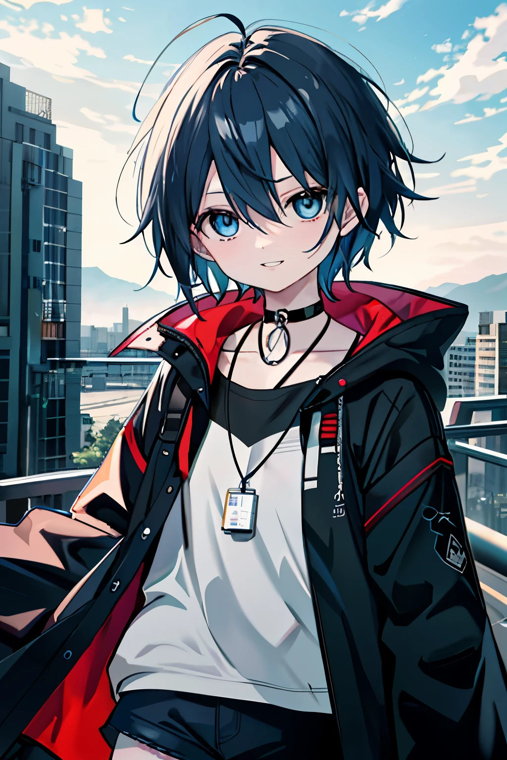 masterpiece, 最high quality, high quality, One person, Black Hair、Short、Messy Hair、Clear, ice-cold blue eyes、An inappropriate smile、Negative、darkness、assassin、Black and blue coat、Rooftop、Young、、、Shorts、Ahoge、fine、Innocent、Chain around the neck、Wolf、Double teeth、Red Moon、Easy to move、gun、Dog Tags、High image quality、、Sharp eyes、evil、