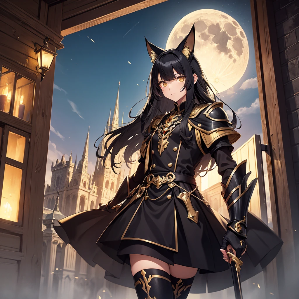 Only one person is depicted,Image from the knees up masterpiece, Best Quality, Black Hair, Hair length down to chest,hime cut, Cat ears, Golden Eyes, A dignified expression, Black and gold two-tone armor, The chest size is medium, Black thigh-high socks, Long black apron, The rooftop of an abandoned tower at night with a large full moon,