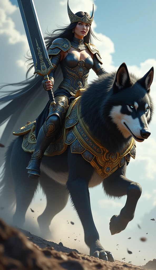 Beautiful woman mounted on gigantic wolf,imposing,proportional size for mount,walking well from wandering, lurking on the battlefield,beautiful image,suspense,realistic