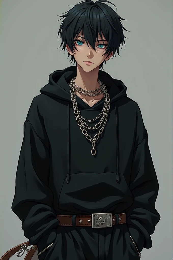 masterpiece, best quality, 1 male, adult, tall thin, handsome, finely detailed eyes, intricate details, blue hair, piercings, fashionable clothing, edgy outfit, black shirt, black pants, detailed clothing, chains, jewelry, modern, emo, hoodie