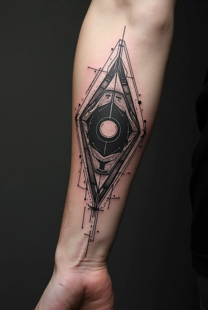 Create a tattoo with triangles and some circles other geometric shapes representing personal growth with the symbol of wealth in black and white 