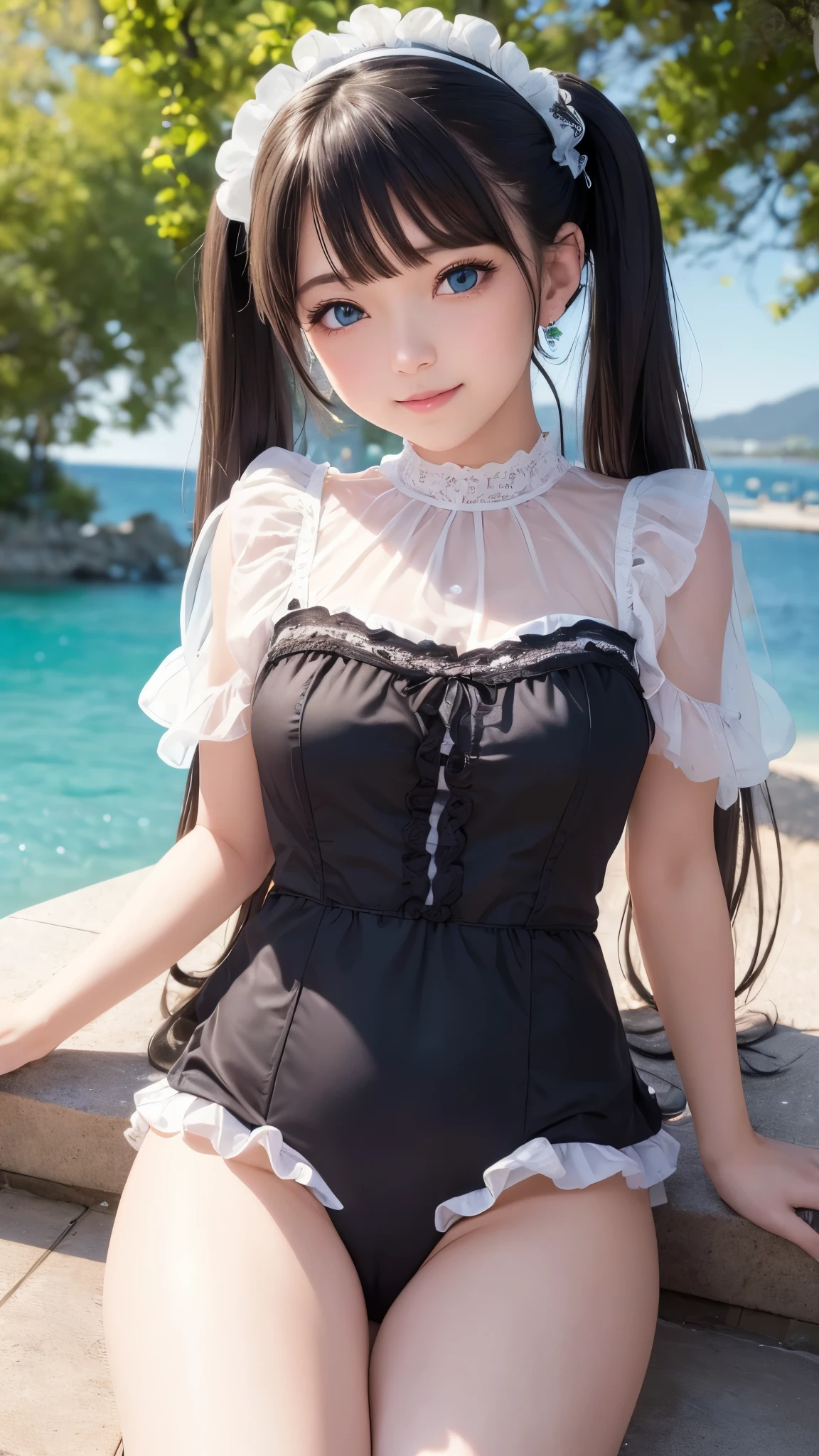 ((masterpiece)), ((highest quality、Ultra high definition)), (Very detailed),8K、Photo quality、((Amazingly cute girl)),-yeld gi), Two people, , (Beautiful emerald blue eyes), ((smile)),In the open-air bath overlooking the sea, Beautifully arranged black hair in twin tails、whole body、Cute lolita maid style swimsuit))、Professional Lighting、(White lace knee-highore detailed and beautiful)、(More details and cutenesore realistic)、(((Just wear light clothing)))、プールではしゃぐ、