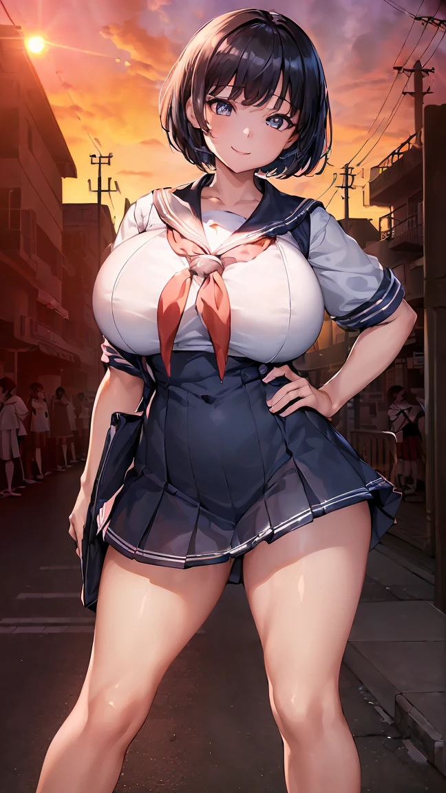 masterpiece, highest quality, girl, serafuku, Blue ribbon, Pleated skirt, Blue socks, loafers, City Street, running, Toast in the mouth,、Camel Toe、Giant tit、Nipple Puffs、Cleavage、Plump、Super big breasts、Super big butt、Hurry、Skirt flip