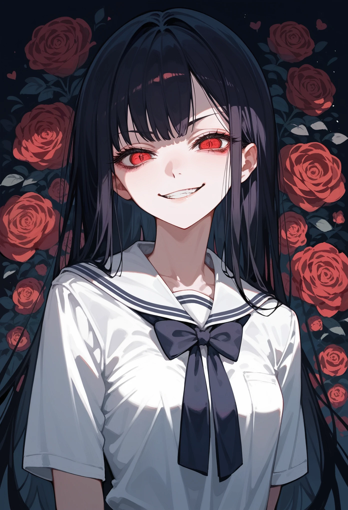 Anime girl with long black hair and red eyes standing in front of roses ...
