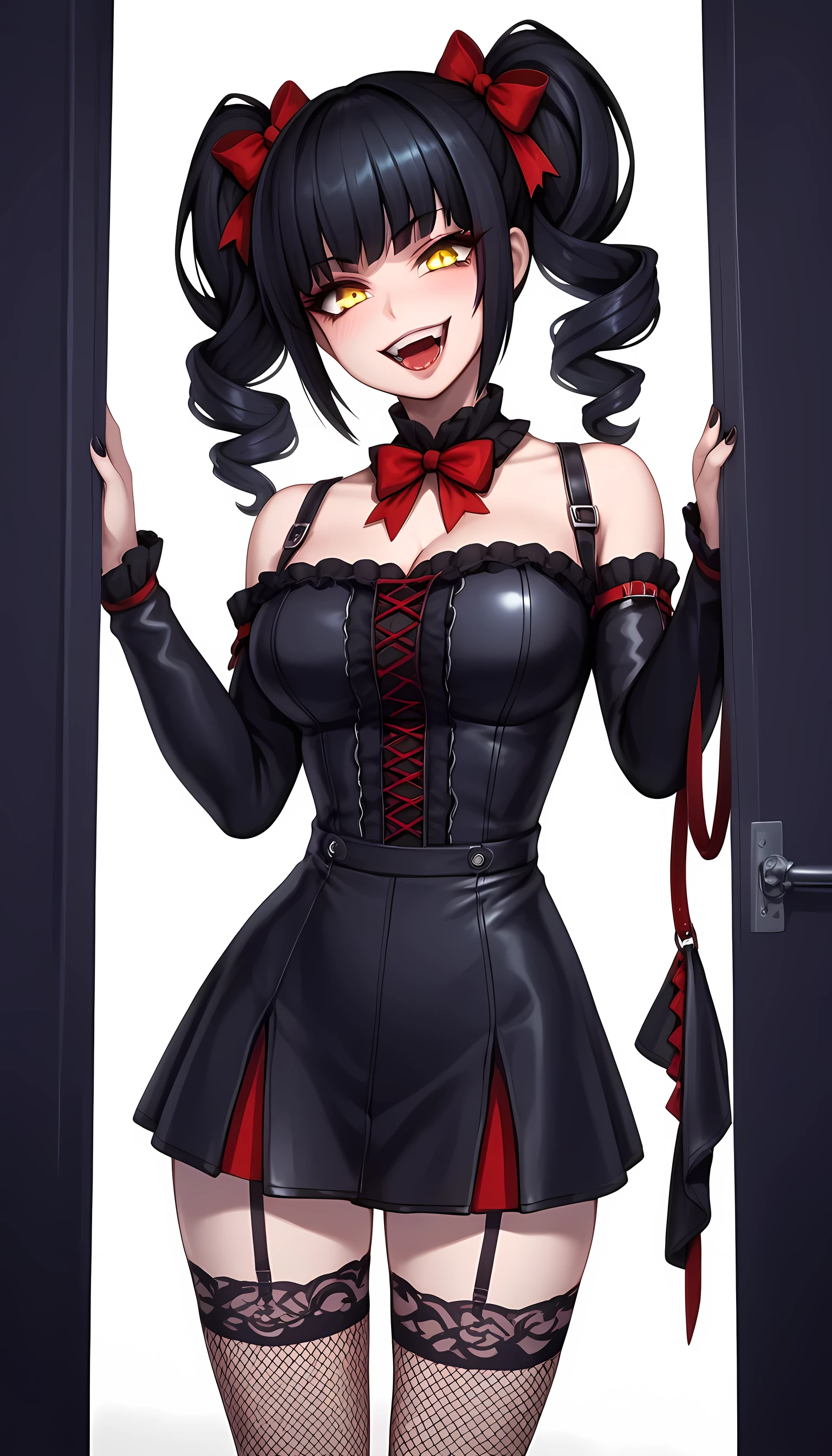 twindrills, black hair, yellow eyes, black-red Gothic lolita, black fishnet stockings, 1girl, gorgeous, 4k, hd, room, looking at the viewer, repaired eyes, correct anatomy, natural colors, anime, very closet-up, artgrem, from front, gesugao, evil smile, open mouth, sadistic, half-closed eye, (glowing eyes:0.5) , standing, curvy sexy body