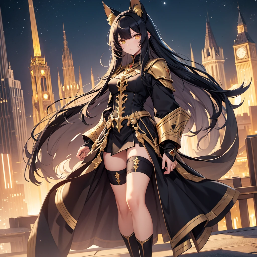 Only one person is depicted,Image from the knees up masterpiece, Best Quality, Black Hair, Hair length down to chest,hime cut, Cat ears, Golden Eyes, A dignified expression, Black and gold two-tone armor, The chest size is medium, Black thigh-high socks, Black mini skirt, Night sky with a big full moon,On the roof of a tall tower, one hand resting on the parapet