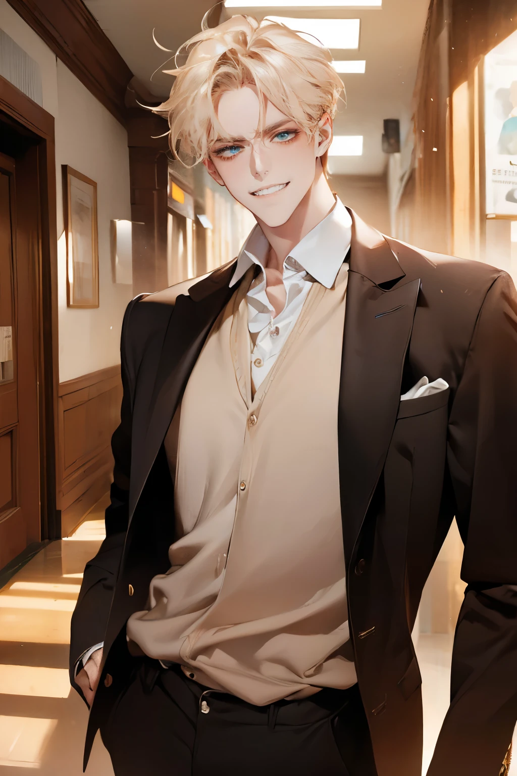 (tmasterpiece, high resolution, ultra - detailed:1.0), (1 boy, Young male, masculine face), Perfect male body, tall and strong, Adult male, Delicate eyes and delicate face, Extremely detailed CG, Unity 8k wallpaper, Complicated details, Detailed face, (blond hair, messy hair, serious faces, white shirts,Bad students), (frown,evil smile:1.3), stad in school corridor, street style, color difference, Depth of field, dramatic shadow, Ray tracing, Best quality, Cinematic lighting, offcial art,Portrait