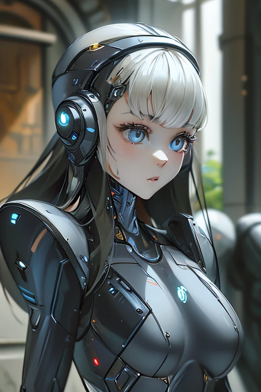 finest image, portrait, detailed and delicate depiction, the face is human and the body is chrome plated mechanical parts sexy beautiful cute android cyborg female is working on replacing her abdominal parts, light silver glossy braided bangs short hair, precise and detailed parts, sparks fly, background, warehouse, repair plant, spark, professional lighting