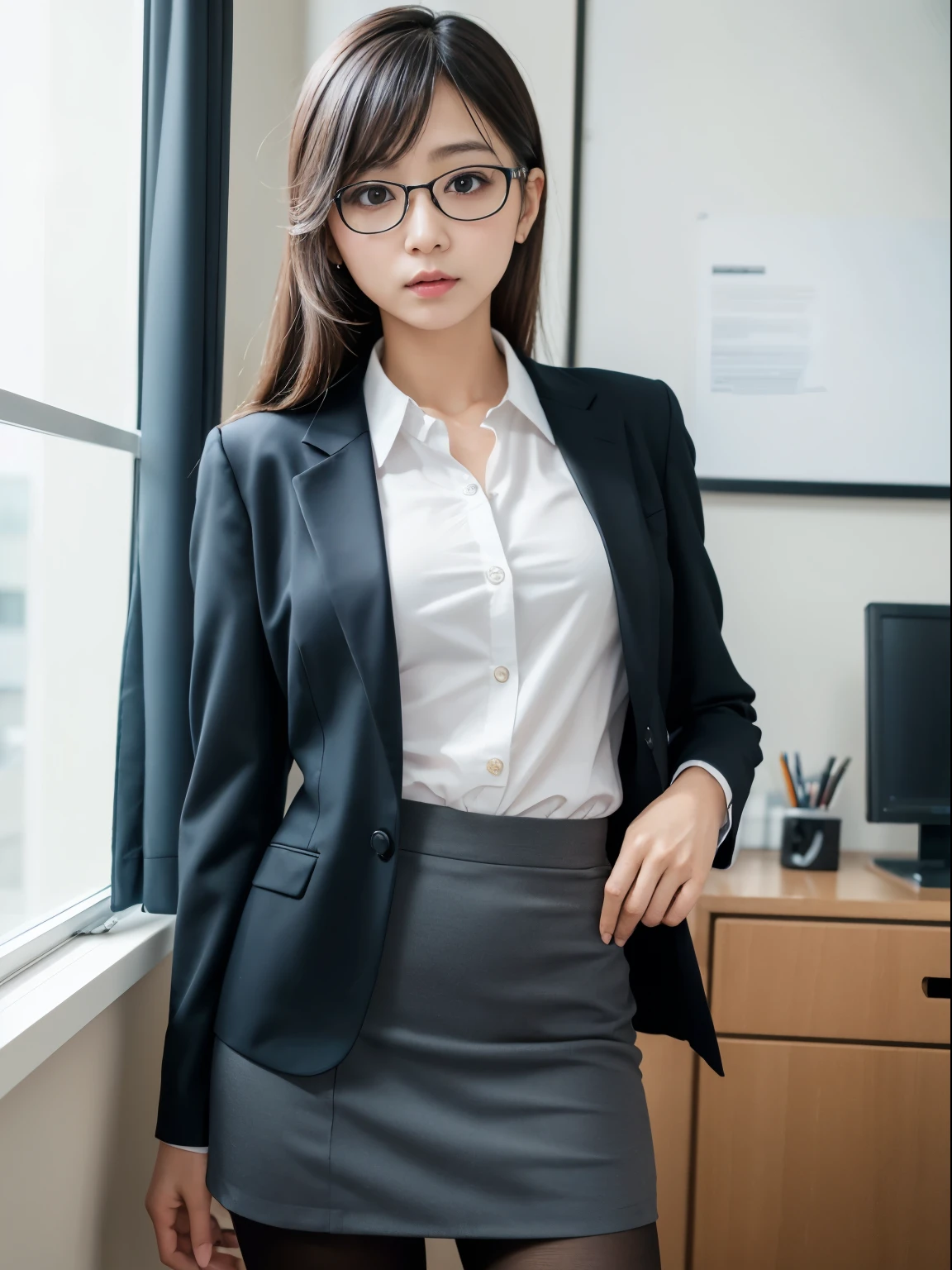 alone、solo、OL in her 20s in office uniform posing for a photo、(Black Pantyhose)、(Half Up),victory、Tsundere、Single knot、OL、suit、blue mini skirt、anger、small、Glasses、slim girl model photo、physical:the smallest middle-aged man in history、female model、Japanese female fashion model、(8k、RAW photo、highest quality、masterpiece:1.2)、(real、photorealistic:1.37)、Super detailed、Ultra high definition、office Street、 standing position、whole body、((((SEXY)))