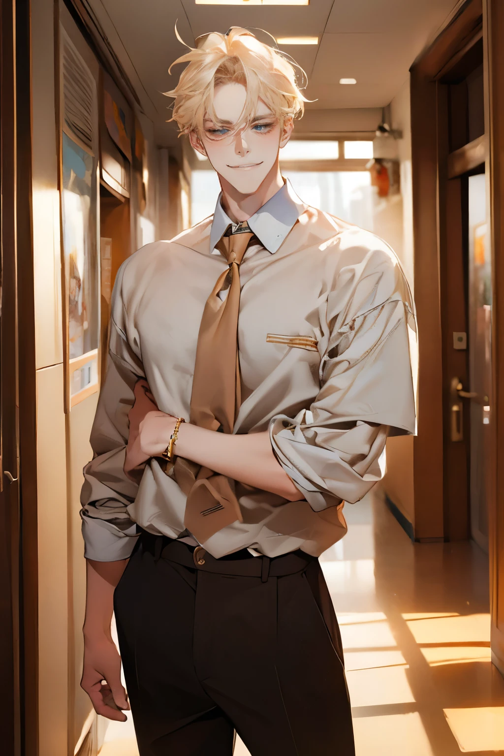 (tmasterpiece, high resolution, ultra - detailed:1.0), (1 boy, Young male, masculine face), Perfect male body, tall and strong, Adult male, Delicate eyes and delicate face, Extremely detailed CG, Unity 8k wallpaper, Complicated details, Detailed face, (blond hair, messy hair, serious faces, white shirts,Bad students), (frown,evil smile:1.3), stad in school corridor, street style, color difference, Depth of field, dramatic shadow, Ray tracing, Best quality, Cinematic lighting, offcial art,Portrait