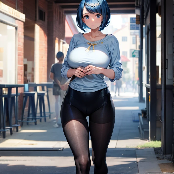A woman wearing a white shirt, with a guitar on her shirt, wearing tight black pants, wearing sports sneakers, long black hair, ponytail hair, barrette with a blue isreal star symbol, walking on the sidewalk of a park in autumn weather, smiling, purple eyes, full body(solo woman),flower, UHD, masterpiece, accurate, anatomically correct, textured skin, super detail, high quality, best quality, 8k, high resolution, bokeh effect.