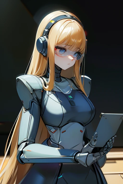 absurdres, very precise detailed, extremely detailed 8K wallpaper,(transcendent beautiful girl), BREAK,(big size, sleeveless, fluffy sweater:1.5), flat_chest, huge_breasts, wide hips, BREAK, headphones, blonde hair, bob cut, BREAK, five fingers, (zettai_ryouiki), (mechanical joints, mechanical limbs:1.4), sitting, computer, keyboard, monitor,