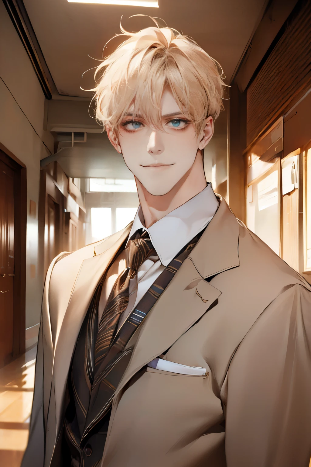 (tmasterpiece, high resolution, ultra - detailed:1.0), (1 boy, Young male, masculine face), Perfect male body, tall and strong, Adult male, Delicate eyes and delicate face, Extremely detailed CG, Unity 8k wallpaper, Complicated details, Detailed face, (blond hair, messy hair, serious faces, white shirts,Bad students), (frown,evil smile:1.3), stad in school corridor, street style, color difference, Depth of field, dramatic shadow, Ray tracing, Best quality, Cinematic lighting, offcial art,Portrait