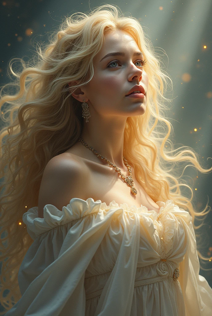 1 Girl, Blonde, Long Hair, alone, magic, Strapless White Dress、Hopeful Face、