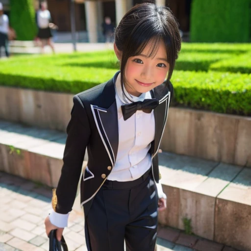 High details, HD, Asian、Young  girl, She is disguised as a boy, height is 140cm, make Short cut mimicly, boots, butler clothes, black trousers, tailcoat,The girl’s facial expression is maintained