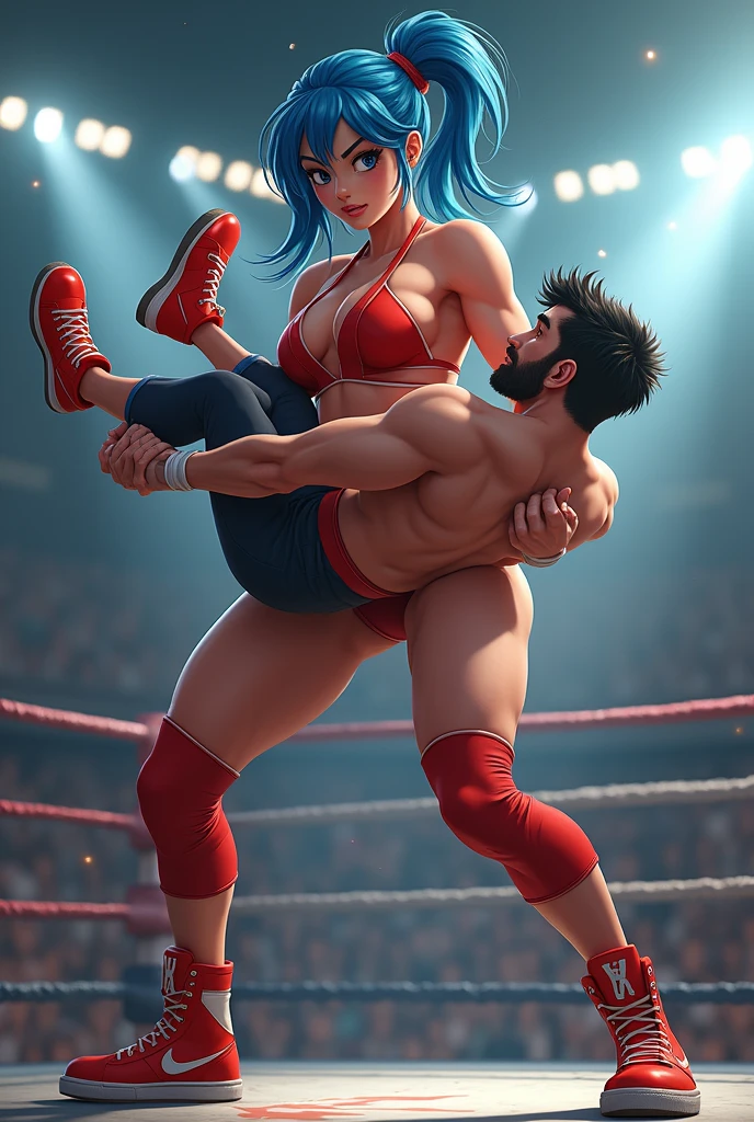 Wrestling, a tall girl named Tina, with blue hair,in red sneakers,in a bikini, She grabbed the guy by the neck and lifted him up, and began to move the guy&#39;s body, back view 
