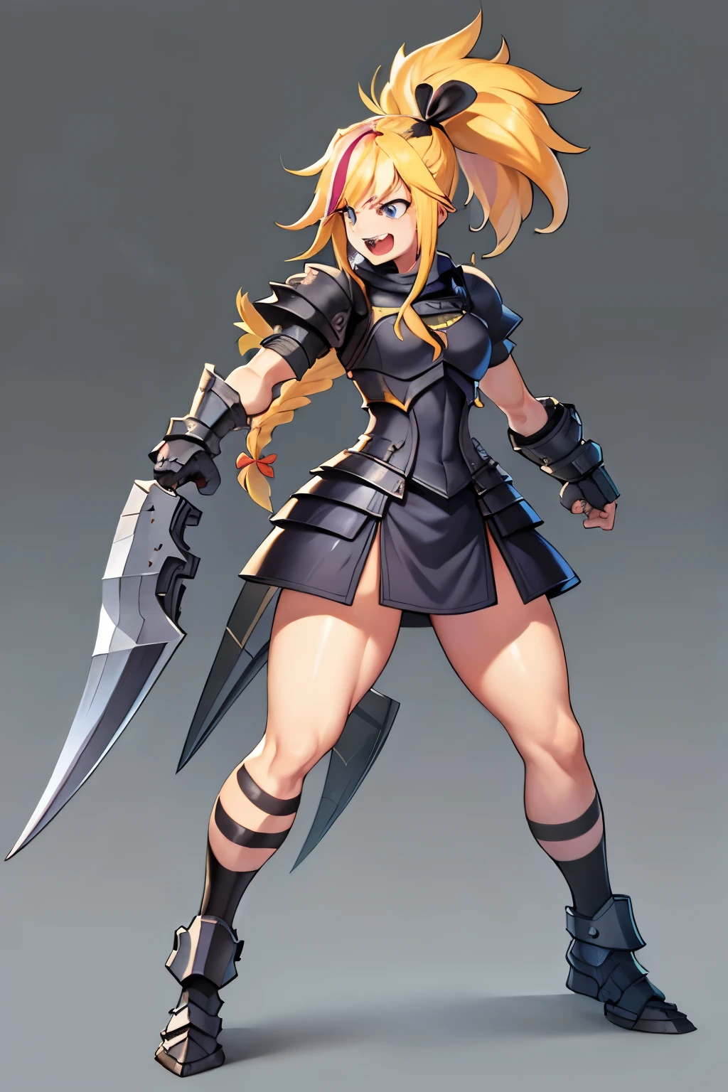 1 , Long hair, laughter, multicolored stripe, blonde hair, ultra long ponytail, simple rogue armor, hair ribbon, Braid, full body view, fullbody shot, Hunter, high resolution, masterpiece, Necessary, anatomically correct, best quality, High details, Ultra HD, 