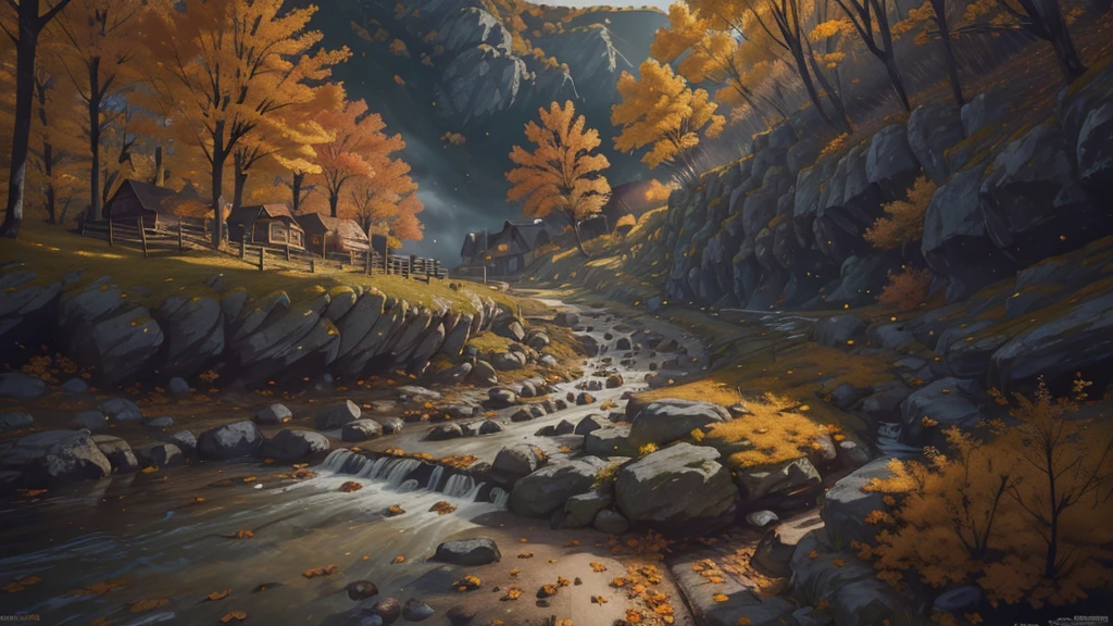 Create an image of an autumnal stream scene. The setting is a small creek meandering through a landscape with the following features: vibrant autumn colors in the foliage, a variety of trees with leaves transitioning from green to shades of yellow, orange, and red. The creek should have clear water reflecting the overcast sky, bordered by grassy banks that show signs of early fall, possibly with fallen leaves scattered around. Include residential houses on one side of the creek, indicating a suburban environment. The perspective is from ground level looking down the length of the creek, creating depth and leading the viewer’s eye through the scene. Overhanging branches from a nearby tree should frame the top part of the image.