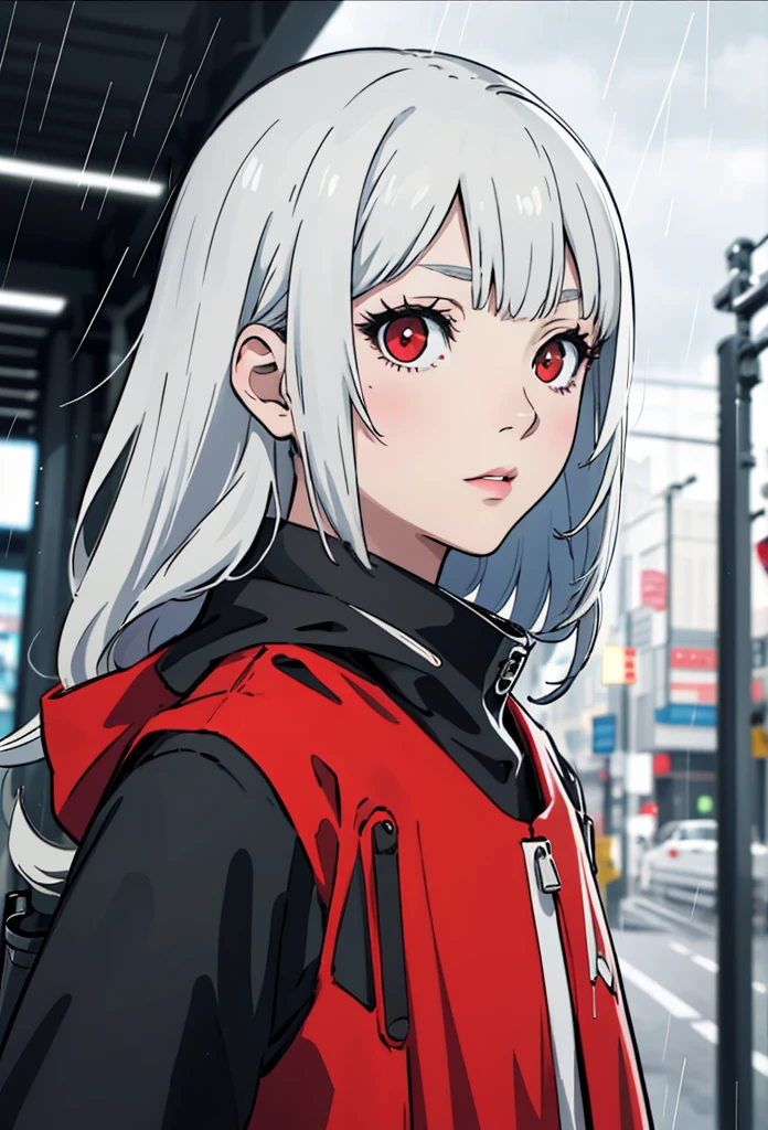 masterpiece, Best Quality, Very detailed, Movie thunder, intricate details, High resolution, Official Art, Beautifully detailed face and eyes, High resolutionのイラスト, 8k, Written boundary depth, Bokeh, Alone, One Girl, A girl with white hair and red eyes, Long white hair, Beautiful red eyes, Beautiful Landscape, Rainy city, Show upper body viewer, close,Pen drawing,Monochrome,Line art