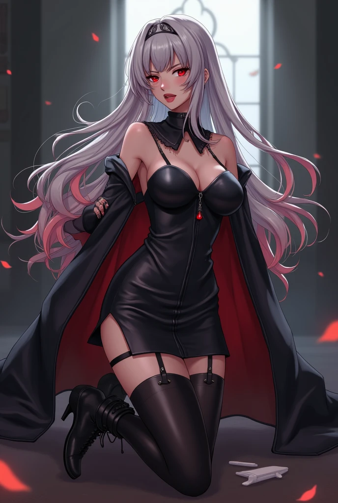 Goddess ((goddess-like woman)), slim, elegant silhouette, masterpiece, (close angle), best quality, pale skin, fair skin, sweet face, (masterpiece: 1.2, best quality), (real image, intricate details), (1 lady, solo, medium tits, small waist, ), ((Jinx/LOL)), beautiful face, kissable lips, very long white hair, slicked back hair, (very long white hair), white hair , VERY LONG HAIR , (very long white hair), perfect makeup, realistic face, detailed red pink eyes, (red pink eyes) bright red pink eyes, very long hair, eyelashes, mouth slightly open, she has an impressive presence, gold bracelet, gold hoop earrings, withe jewelry , beautiful face, beautiful eyes, she is wearing a black Mesh Corset Velvet Dress and black over-the-knee boots, Mesh Corset Velvet Dress, long sleeves, dress, standing, full body, long dress, maroon dress, velvet dress, see-through sleeves, Black over-the-knee boots, sweet irresistible smile, elegant pose, elegant hands, beautiful hands, perfect fingers, background: outside, medieval city, magic in the air, stone houses, castles, dark sky night, full moon