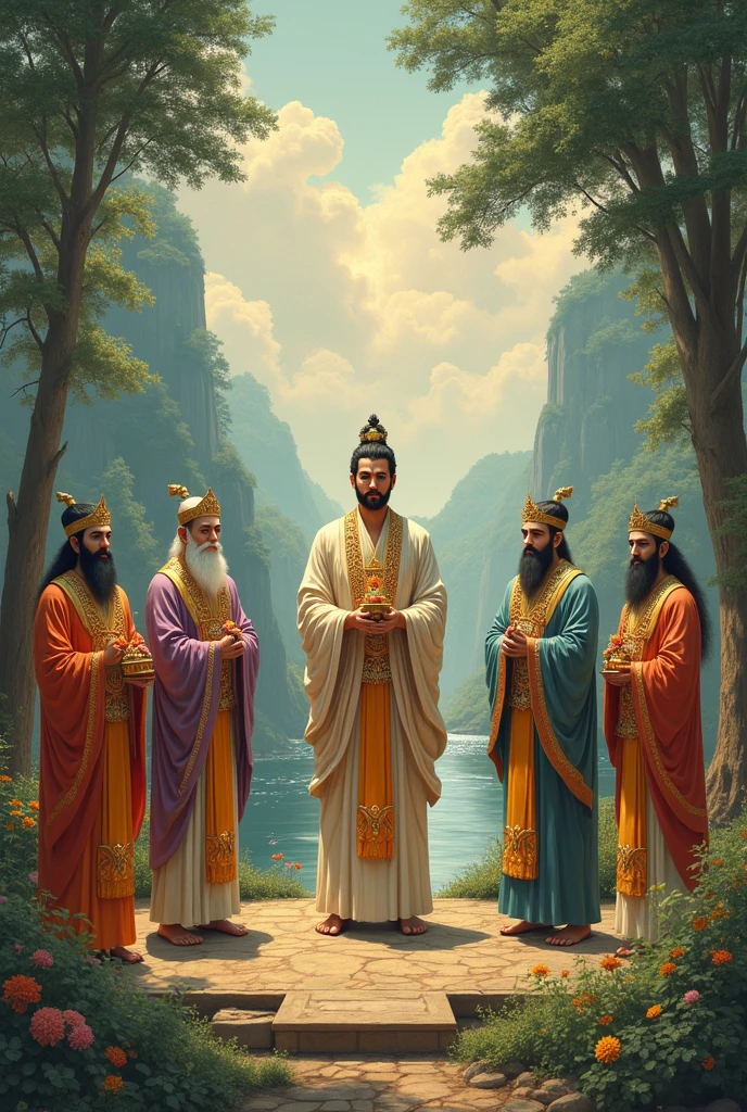 a painting of a group of men in white robes playing instruments, ancient kings in white robes, flowing white robes, wearing white robes, gal yosef, by Aladár Körösfői-Kriesch, by Julius Klinger, by Randolph Schwabe, still of rainbow ophanim, golden-white robes, full - view