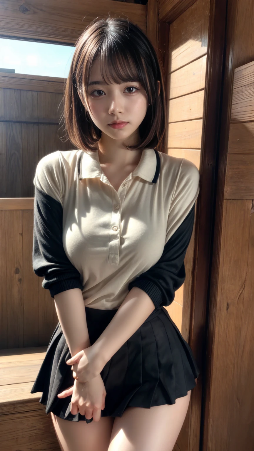 Masterpiece, highest quality, figure, Very detailed, Fine details, High resolution, 8k,wallpaper, Perfect dynamic composition,(Detailed high quality, Realistic depiction of eyes:1.3), (Collared knit shirt:1.1), Pleated skirt, Short Bob Hair、Black hair color, Big Natural Color Lip, Bold sexy pose, Crying a little、Cold Stare, Harajuku Style、Acrobatic pose, 20-year-old girl、Cute type、Lolita、Beautiful feet, Hotel Rooms, Idol Sculpture, Voluptuous thighs, Huge breasts