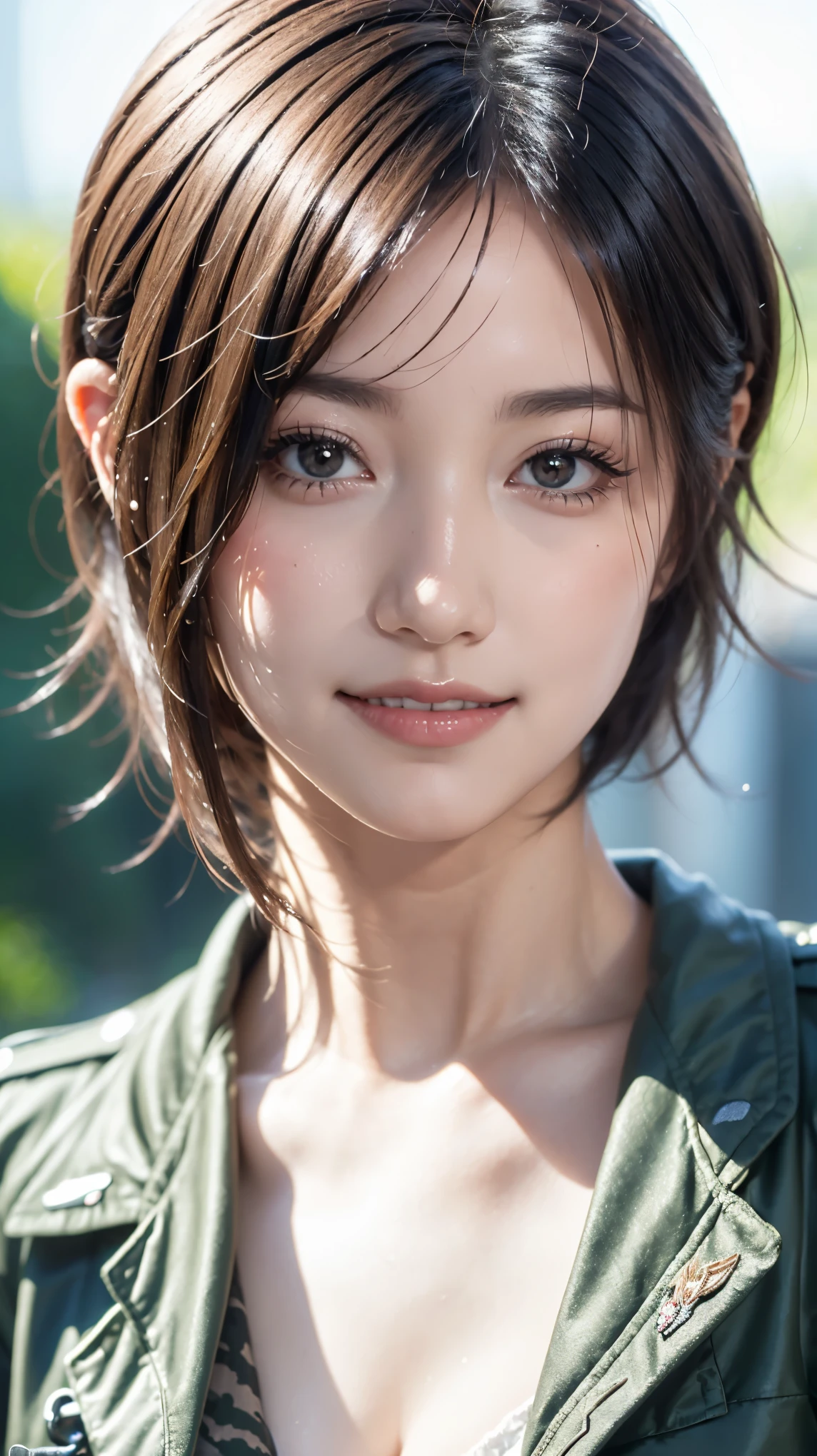 Realistic, masterpiece, Best Quality, Highest Resolution, Portrait of a Japanese woman, Only the upper body is depicted, Portrait Background, Happy smile, Turn a little to the side, Always observe the audience, Beautiful and detailed eyes, Dark Eyes, Looks sleepy, Shining Eyes, (Hidden eyelid wrinkles:1.2), Thin eyebrows, Draw eyelashes carefully, Natural Makeup, (Short Hair, Silver Hair:1.3), Detailed face, (Face close-up:1.2), ((Military jacket), naked)