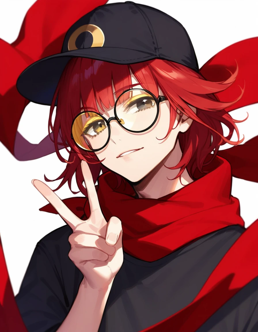 score_9, score_8_up, score_7_up, masterpiece, ultra-detailed, pretty eyes, 1man, solo, mature male, red hair, Medium hair,hime cut, half closed eyes, Black Eyes, Black shirt, shirt formal, red scarf, making a peace sign, Black baseball cap, Emotionalless, Black Round EYEWEAR, Yellow tinted eyewear, White background, Simple background,
