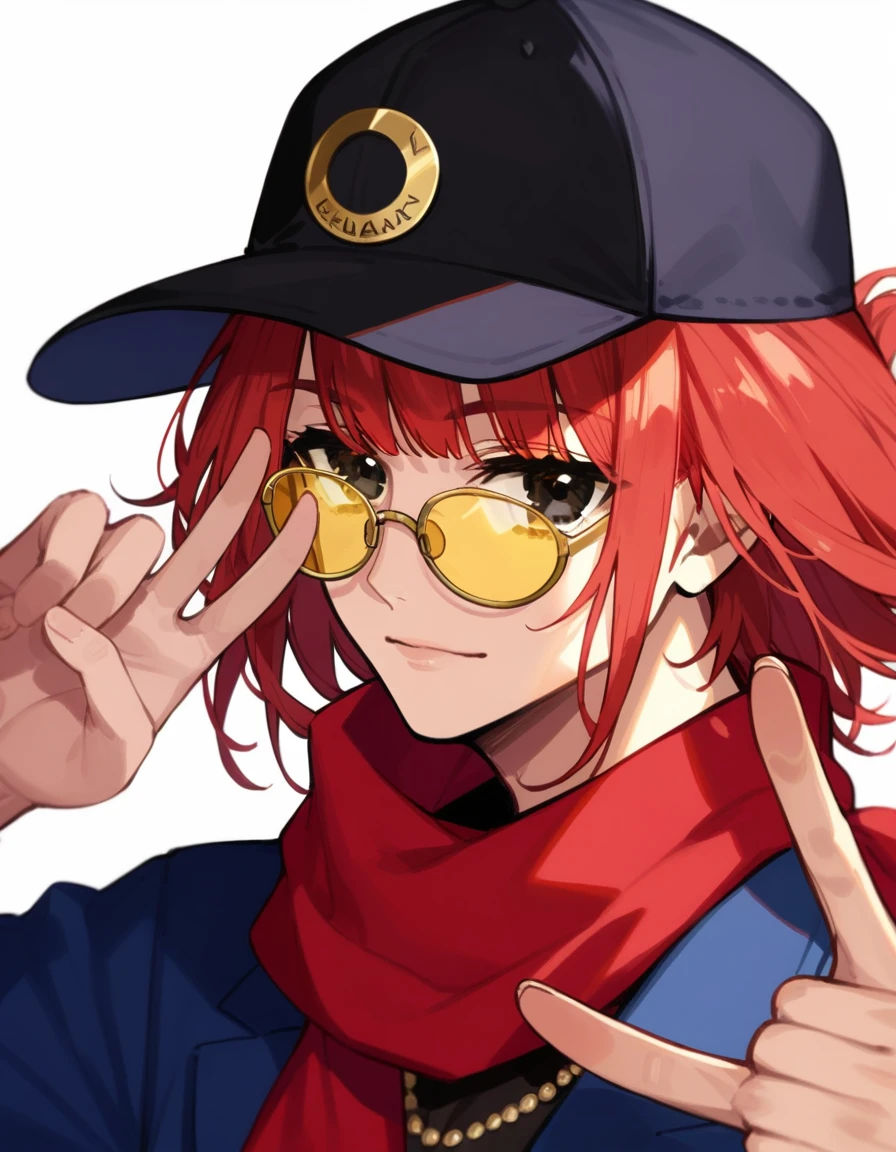 score_9, score_8_up, score_7_up, masterpiece, ultra-detailed, pretty eyes, 1man, solo, mature male, red hair, Medium hair,hime cut, half closed eyes, Black Eyes, Black shirt, shirt formal, red scarf, making a peace sign, Black baseball cap, Emotionalless, Black Round EYEWEAR, Yellow tinted eyewear, White background, Simple background,
