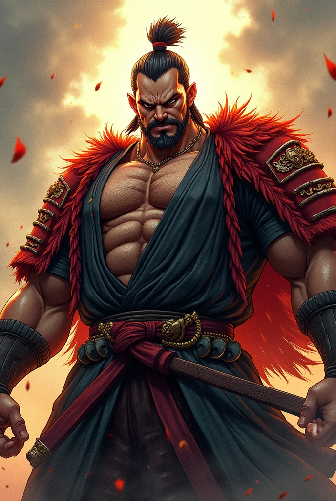 It is a full-body painting with natural colors in the style of ukiyo-e. Miyamoto Musashi is a Japan samurai with a large body like a strongman. He has a rough face, short black hair, and a short, trimmed beard. He is a righteous samurai who fights evil. He wears a black kimono. The hakama should be a little longer and draw in a flowing shape that flutters in the wind. He holds a sword in his right hand with flames coming out of his Japan sword. The background is a swirling flame in Katsushika Hokusai style. Masterpiece high-resolution ukiyo-e style, with the highest quality