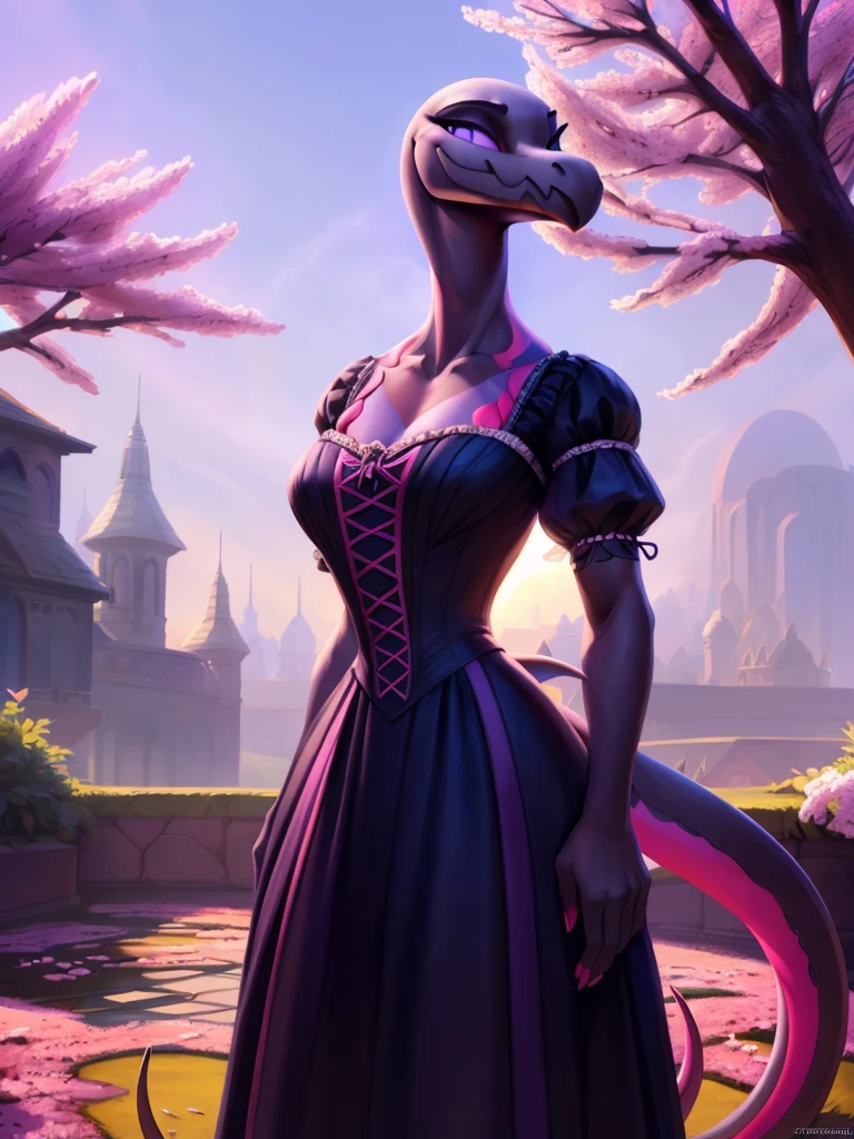 uploaded on e621, ((Salazzle)) by Pixelsketcher, by Bayard Wu, by Thomas Benjamin Kennington , by Einshelm, anthro, ((portrait, face focus, close-up)), BREAK, ((victorian dress:1.2)), flower print on Victorian dress, flowers on dress,  (detailed Bonifasko lighting), (detailed scales), (detailed skin), (female Salazzle), BREAK, ((facing viewer)), (cinematic lighting), ((detailed background)), ((upper body portrait view)), (((portrait view))), (half body shadow), [backlighting], [crepuscular ray], [detailed ambient light], [gray natural lighting], [ambient light on the belly], (higher wildlife feral detail), [sharp focus], (shaded), ((masterpiece), medium breasts, furry Salazzle, reptilian face, furry Fantasy Art, furry Art, Commission for High Res, anthro Art, POV furry Art,Sakimichan beautiful, masterpiece, best quality, detailed image, bright colors, detailed face, perfect lighting, perfect shadows, perfect eyes, girl focus, purple eyes, flawless face, face focus, reptilian girl, scales, scaled woman, colorful scales, gaze at the viewer, half-closed eyes, 1girl, full body, (masterpiece:1.21), (best quality:1.2), (illustration:1.2), (cinematic lighting:1.3), detailed scales, balanced coloring, global illumination, ray tracing, good lighting, scales, anthro, looking at viewer, (outside, cherry blossoms,  garden, standing outside), woman looking at viewer, woman looking at camera, seductive look, natural breasts, medium breasts, flowery Victorian dress 