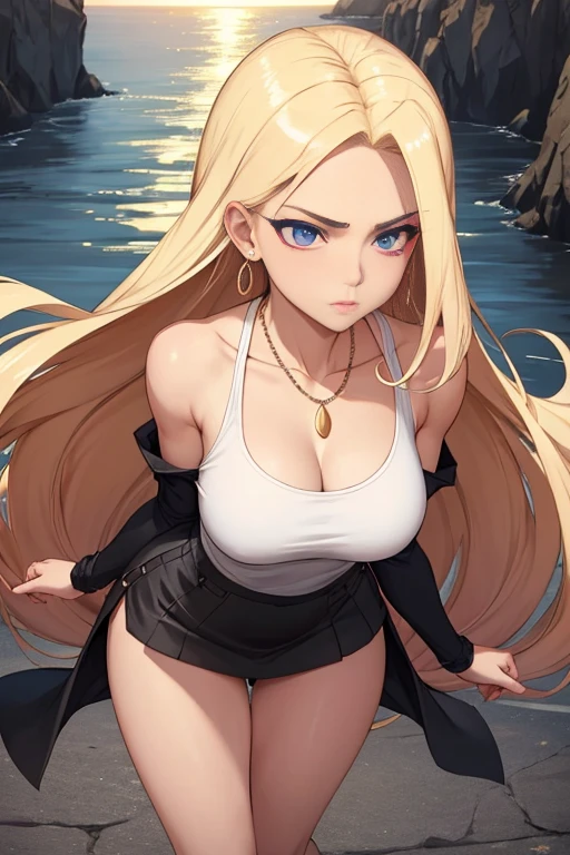 Cel-shaded, color manga, seed 156378292.

The background is a sunset harbor, full-body angle. The overall image should feature strong, vivid lines and cel-shaded coloring with high contrast. The sunset glow should reflect off her skin and hair, creating a warm, radiant effect.

A beautiful woman with long blonde hair that flows naturally down to her shoulder blades, reflecting light and shining brightly in a golden hue. Her face is sharp with high cheekbones and a defined jawline. Her eyes are striking brown, conveying a strong will and determination. Her eyebrows are thin, sharp, and straight, expressing her confidence and strength. Her nose is straight, and her lips are somewhat thick but tightly closed, giving her an expression of provocation and confidence. She has a rebellious expression.

She is dressed in a white T-shirt with a low-cut chest design, clearly revealing her neckline and emphasizing her upper body. She is wearing a black mini-skirt, which emphasizes her slender yet muscular figure. Around her neck is a pearl necklace (no other types of necklaces), and she has gold bracelets on both wrists.

Do not include any earrings, piercings, or accessories not mentioned in the prompt.

Her large chest is a prominent feature, emphasized by the tight fit of the T-shirt, highlighting her curvy and muscular figure. Her physique is slender but muscular, with well-defined abs and arms, showing she is fit and trained. She is over 170 cm tall with a well-balanced figure. Her large chest, tight waist, and long legs are distinct features that combine femininity and strength.

She has a cigarette casually placed in her mouth (ensure this is clearly visible), emphasizing her rebellious attitude. She is holding two black pistols, mid-action, with bullets already fired.

She is standing with her legs slightly apart and knees bent in a strong, battle-ready stance. The full-body angle should ensure her entire figure is captured from head to toe, with her feet firmly planted