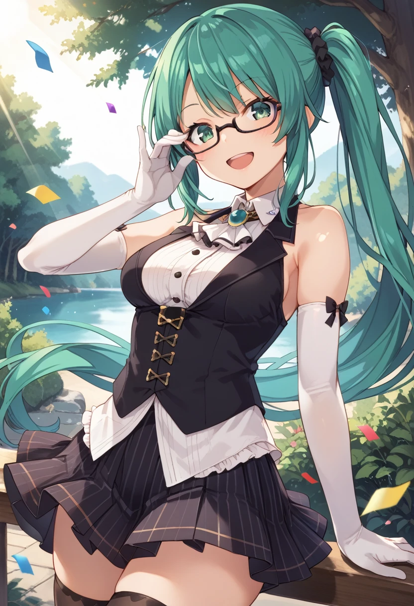 score_9, score_8_up, score_7_up, source_anime, rating_safe, BREAK kagura suzu, 1girl, virtual youtuber, long hair, very long hair, green hair, side ponytail, green eyes, medium breasts, hair scrunchie, black scrunchie, black ribbon, black-framed eyewear, under-rim eyewear, white shirt, collared shirt, dress shirt, sleeveless, black vest, bare shoulders, brooch, jewelry, white ascot, elbow gloves, white gloves, black skirt, striped skirt, pleated skirt, vertical stripes, black thighhighs, dutch angle, adjusting eyewear, floating, smile, happy, open mouth, eye focus, looking at viewer, facing viewer, confetti, light particles, light rays, forest, tree, dappled sunlight, sunlight, lens flare, backlighting, caustics