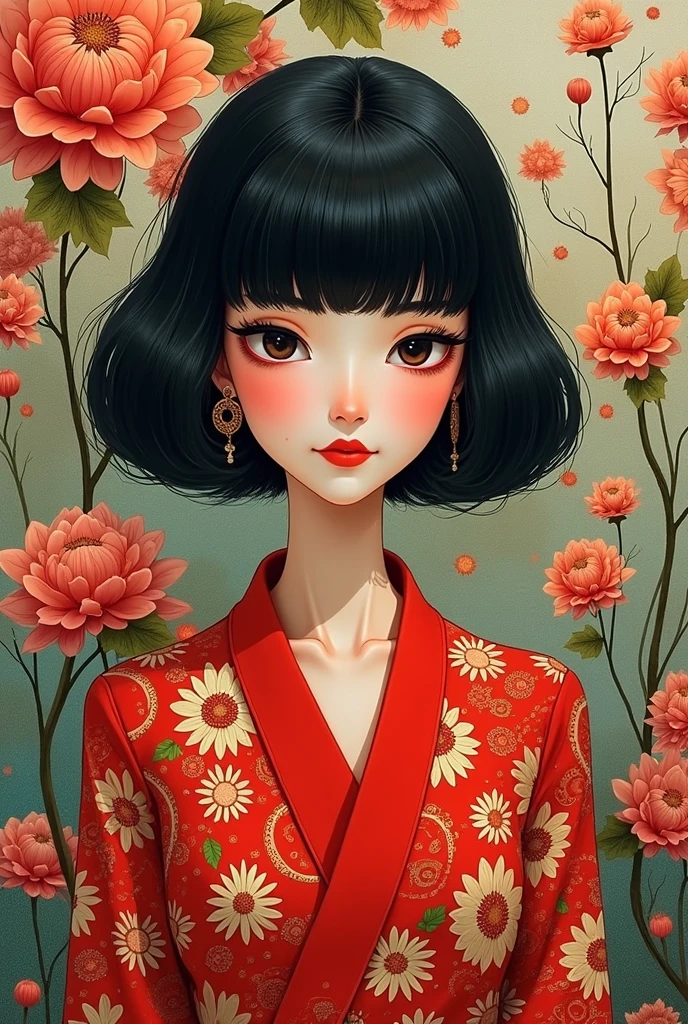 (estilo de Oskar Kokoschka:1.2),(Arte expressionista abstrata:1.2)3d girl cartoon,A mesmerizing,surreal illustration of a young japanese woman. She has black hair with blunt bangs, and wears a vibrant red outfit adorned with intricate floral patterns.