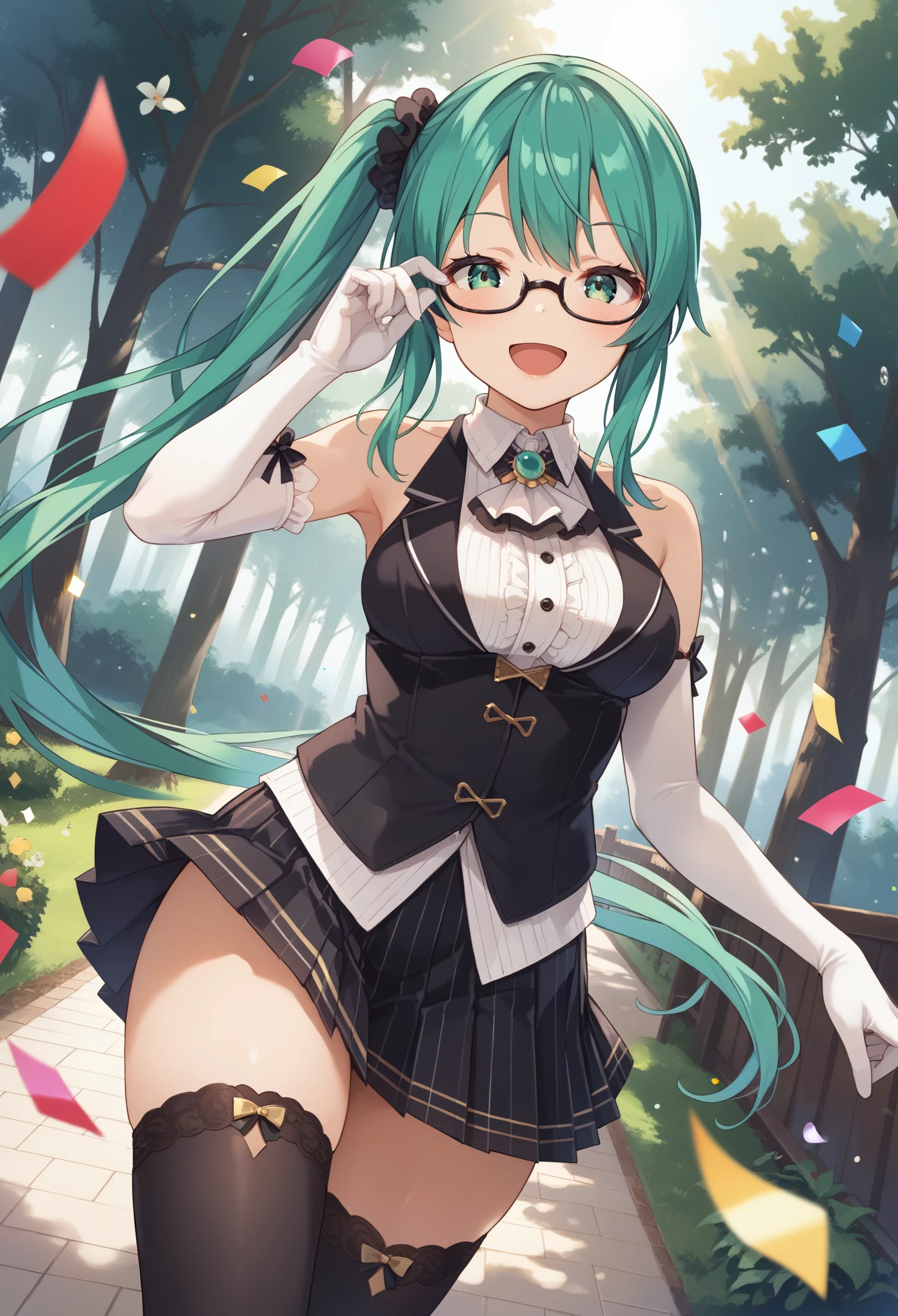 score_9, score_8_up, score_7_up, source_anime, rating_safe, BREAK kagura suzu, 1girl, virtual youtuber, long hair, very long hair, green hair, side ponytail, green eyes, medium breasts, hair scrunchie, black scrunchie, black ribbon, black-framed eyewear, under-rim eyewear, white shirt, collared shirt, dress shirt, sleeveless, black vest, bare shoulders, brooch, jewelry, white ascot, elbow gloves, white gloves, black skirt, striped skirt, pleated skirt, vertical stripes, black thighhighs, dutch angle, adjusting eyewear, floating, smile, happy, open mouth, eye focus, looking at viewer, facing viewer, confetti, light particles, light rays, forest, tree, dappled sunlight, sunlight, lens flare, backlighting, caustics