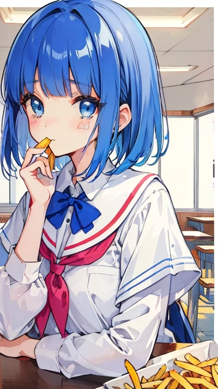 (((beautiful detailed)))(cute face:1.2)1girl, A girl stuffing her face with french fries, Girl crying while eating a pile of french fries, Inside a 2000s-style diner, 1950s-style interior, light Navy blue hair, blue eyes, A short-sleeved white shirt with four vertical bow ties, Ahoge, long bob cut with fluffy hair(sharp lines:1.2)(clear line:1.2)(eye details:1.3)(thick border:1.4) animation cel style,ligne claire, limited palette((masterpiece, high quality, best quality))(low contrast: 0.5),Anna yanami, blue hair, blue eyes, school uniform, makeine, too many losing heroines,Watercolor style, watercolor pencil, paper texture,90s style,Anna yanami, blue hair, blue eyes, school uniform, makeine, too many losing heroines,
