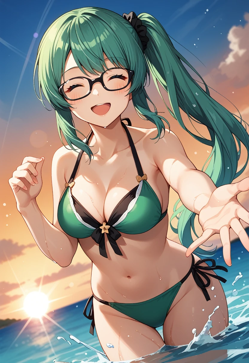 score_9, score_8_up, score_7_up, source_anime, rating_safe, BREAK kagura suzu, 1girl, virtual youtuber, long hair, very long hair, green hair, side ponytail, closed eyes, medium breasts, hair scrunchie, black scrunchie, black ribbon, black-framed eyewear, under-rim eyewear, green bikini, front-tie bikini top, side-tie bikini bottom, wading, wet, dutch angle, smile, open mouth, eye focus, happy, depth of field, looking at viewer, facing viewer, reaching towards viewer, splashing, ocean, wind, floating hair, light particles, light rays, gradient sky, orange sky, cloud, horizon, sunset, lens flare