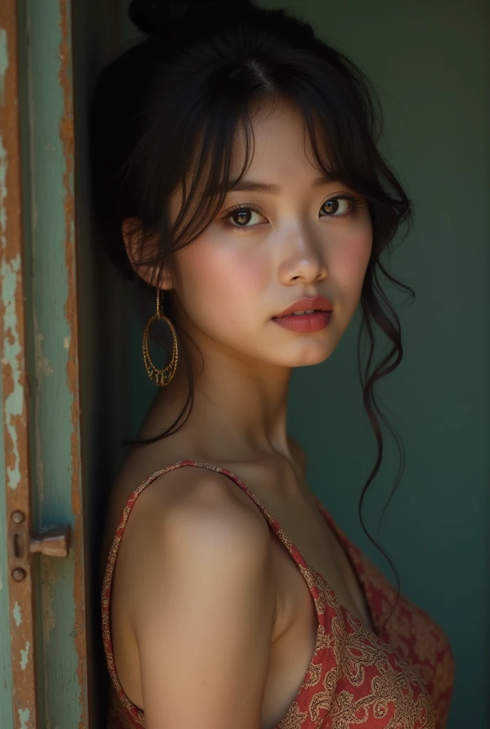 a profile of an ultra beautiful woman against an old painted clapboard wooden advertising sign, with the expression of slight pain and desire, wearing a cotton print summer dress, pastels and lace, intricate lace, weathered sign, pealed, old sign, 8k resolution