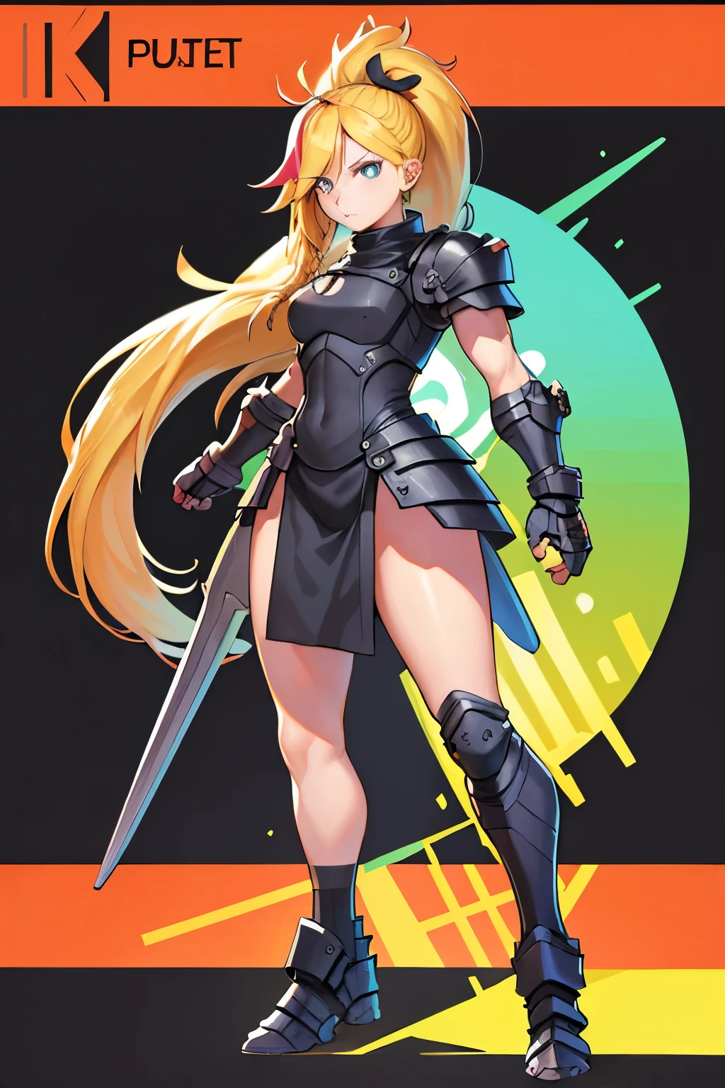 1 , Long hair, multicolored stripe, blonde hair, ultra long ponytail, simple rogue armor, hair ribbon, Braid, full body view, fullbody shot, Hunter, high resolution, masterpiece, Necessary, anatomically correct, best quality, High details, Ultra HD, ultra detailed face