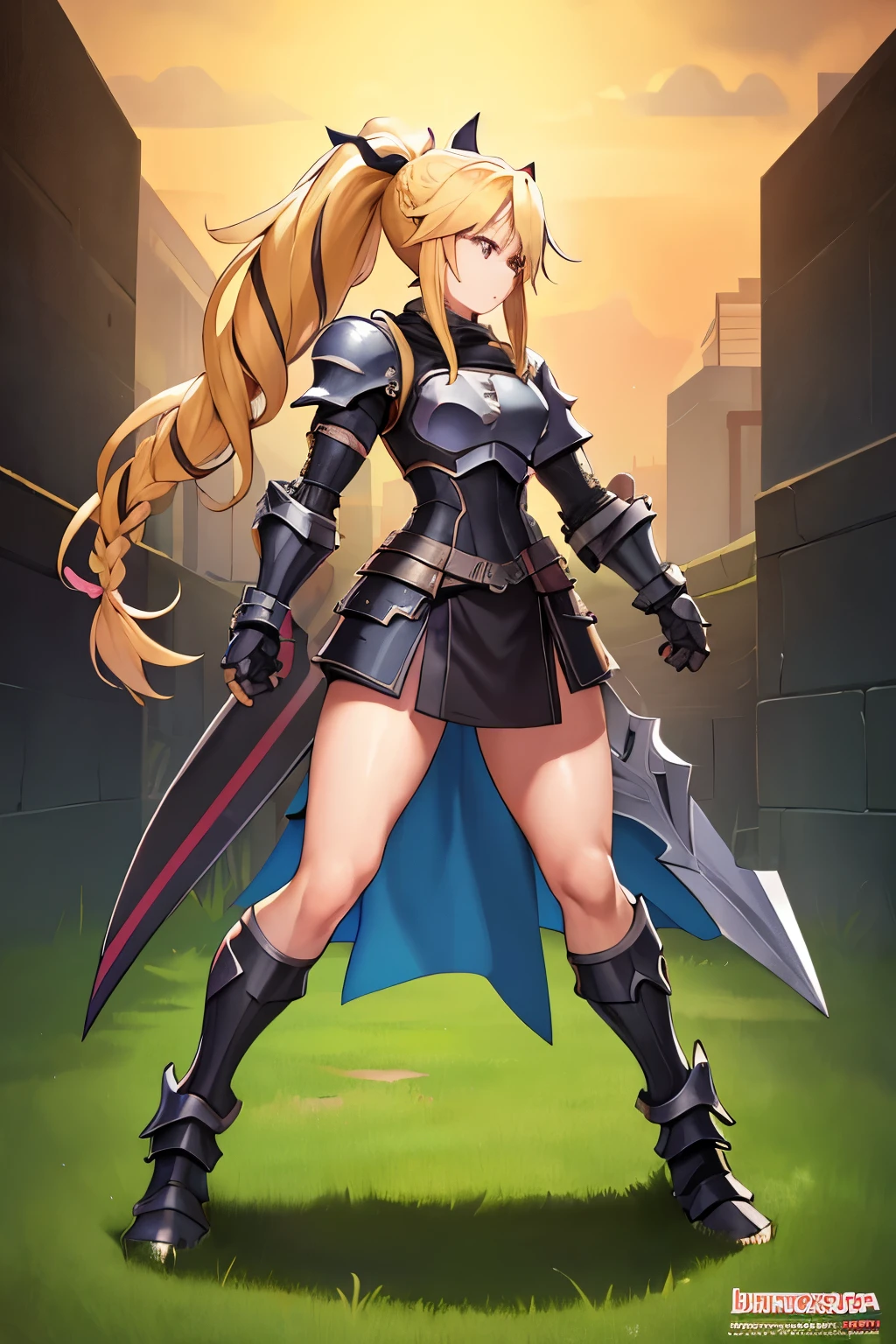 1 , Long hair, multicolored stripe, blonde hair, ultra long ponytail, simple rogue armor, hair ribbon, Braid, full body view, fullbody shot, Hunter, high resolution, masterpiece, Necessary, anatomically correct, best quality, High details, Ultra HD, 