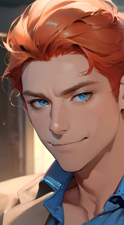 Enji, naked, muscular, sensual, masculine, red hair, blue eyes, scare in his face, laying on the bed